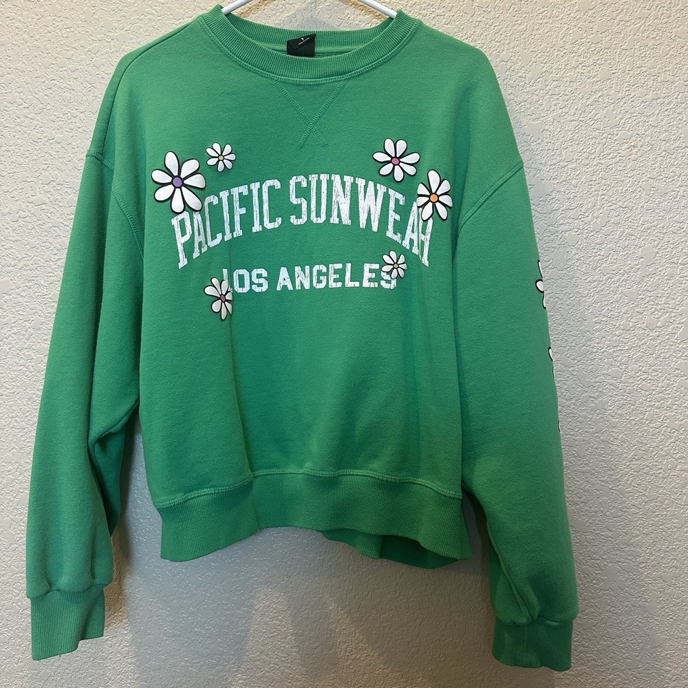 Pacific Sunwear Los Angeles Green Flower Crewneck Women's Size Small PacSun